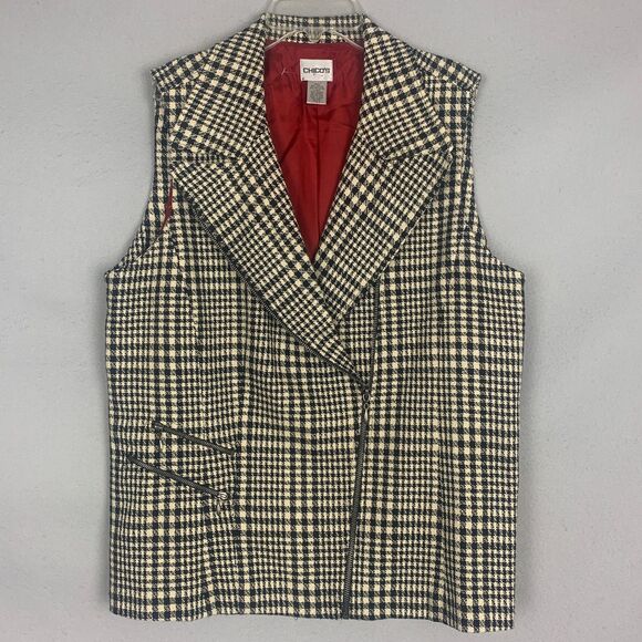 Chico’s Houndstooth Vest Size 12 Black Cream Checked Tweed Classiccore Layering - Picture 1 of 8